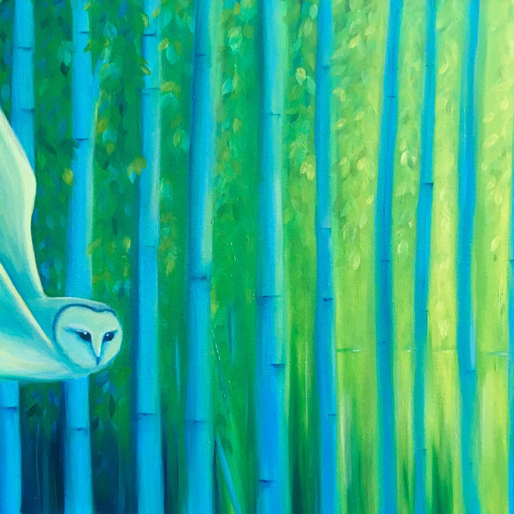 "Finding the Light" owl and bamboo original oil painting
