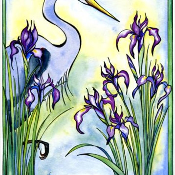 Wild Iris and Great Blue Heron 7.75" x 11" original watercolor 