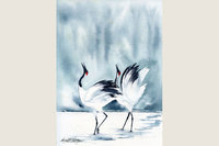 watercolor painting of two cranes necks extended in a winter landscape