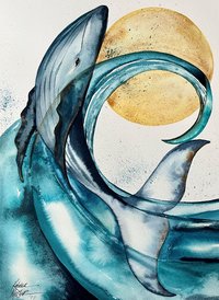 watercolor painting of blue whale arching out of aqua wave with a golden moon