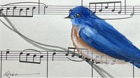 watercolor painting of bluebird on sheet music