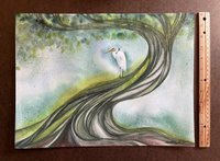 watercolor painting of egret in large twisty tree with ruler for size reference