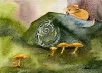 watercolor of a tiny mouse on a carved stone with moss and mushrooms