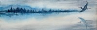 a panoramic watercolor landscape painting in blue with a Heron in flight