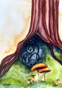 watercolor of moss, mushrooms and Celtic Stone tucked in the roots of a tree