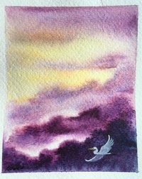 watercolor painting of purple hills and golden sky with one egret in flight