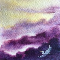 watercolor painting of purple hills and golden sky with one egret in flight