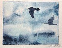watercolor painting of ravens in flight against a misty deep blue background
