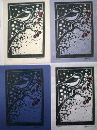 4 chickadee block prints each on a different paper