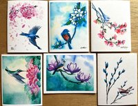 image of 6 watercolor bird and flowering branch artworks by Katrina Meister
