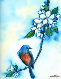 watercolor of white flowering apple blossoms and sitting blue bird