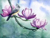 watercolor of 3 pink/purple magnolia blossoms and small perched songbird