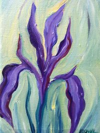 Oil painting of Purple Iris on muted swirling green background