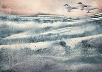 watercolor painting of blue and white waves with 3 birds on sand