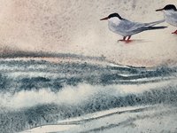 detail of watercolor painting of blue and white waves with 3 birds on sand