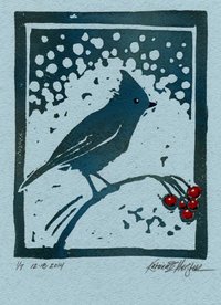 Block print of Titmouse on berry branch with snow on blue