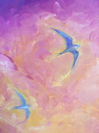 detail of oil painting - soaring tree swallows against colorful sky