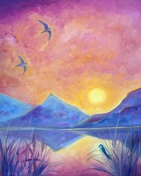 3 birds and lavender mountains against a sunset sky and water