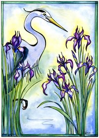 Wild Iris and Great Blue  Heron NoteCard