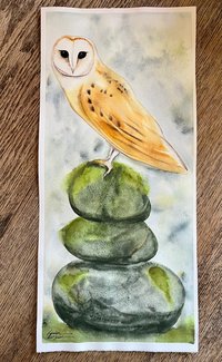 "Barn Own and the Mossy Cairn" an Original Watercolor Painting