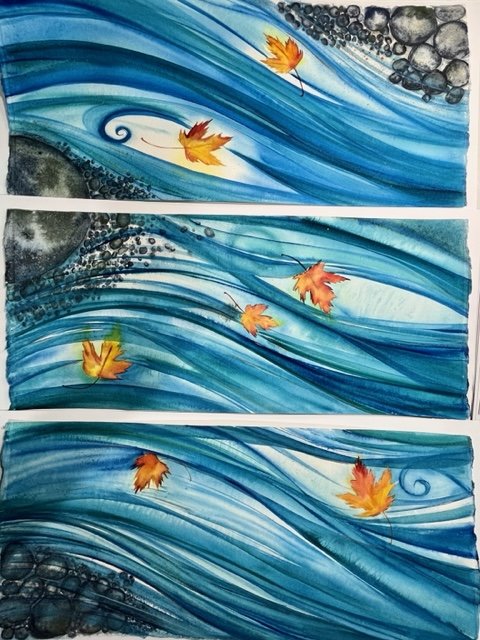3 watercolor paintings of flowing water, stones and autumn leaves