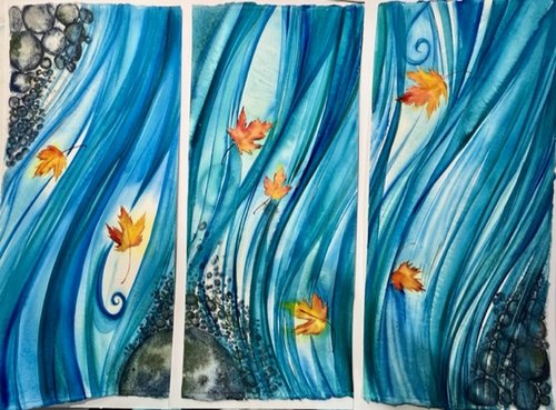3 watercolor paintings of flowing water, stones and autumn leaves