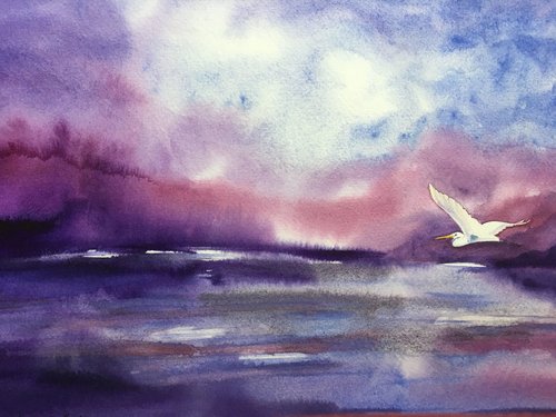 watercolor painting of egret flying over waters reflecting rich purples