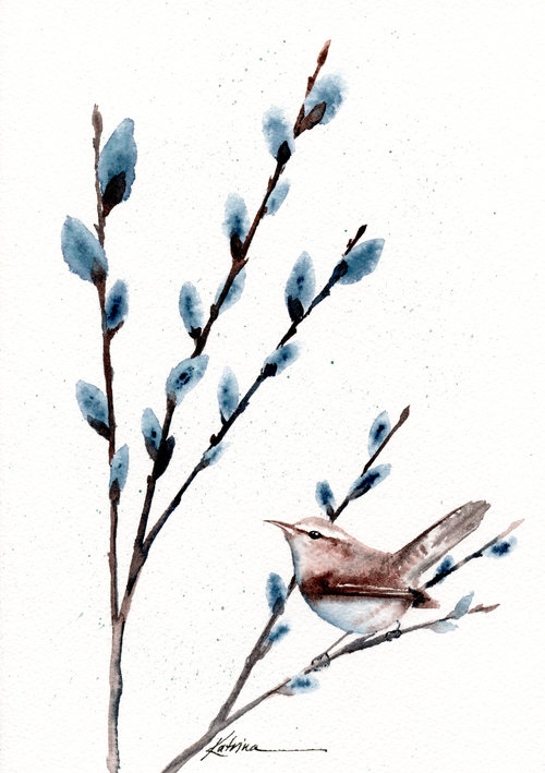 watercolor painting of small brown bird looking at viewer on pussy willows