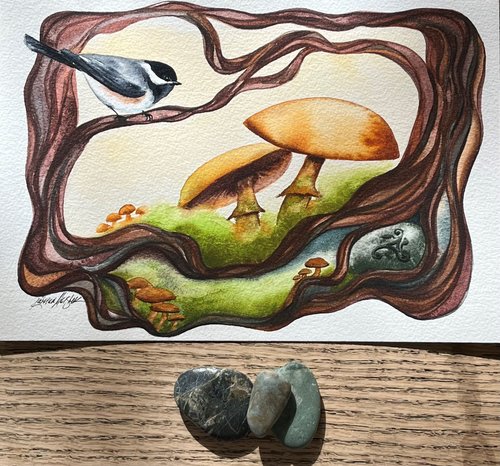 watercolor painting of forest floor scene with moss mushrooms and stone