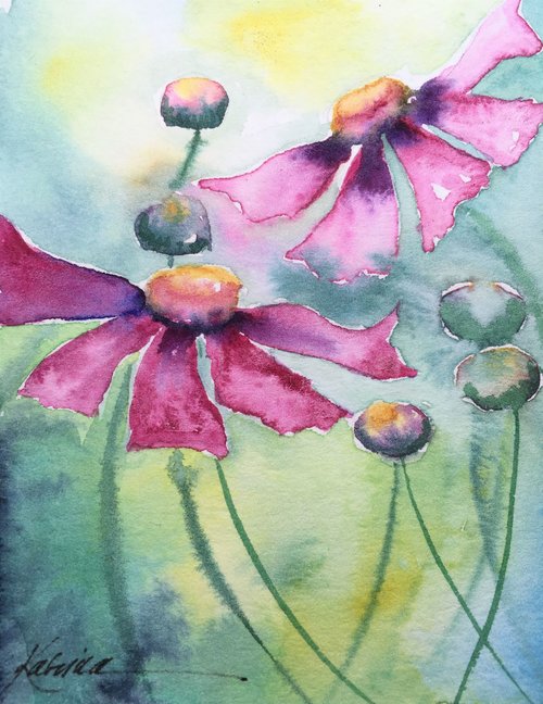 watercolor of pink Cosmos flowers and bud in greenblue