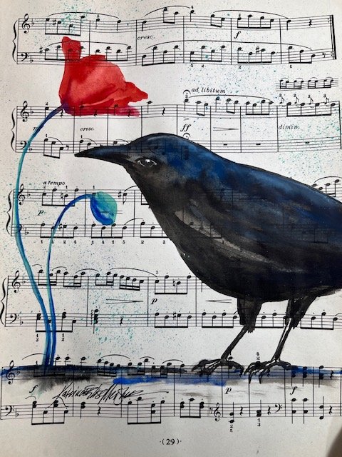 watercolor of crow and poppy on sheet music