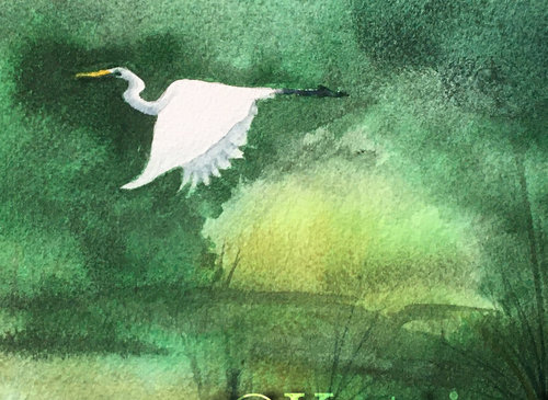 detail of watercolor of white egrets flying across lush green landscape