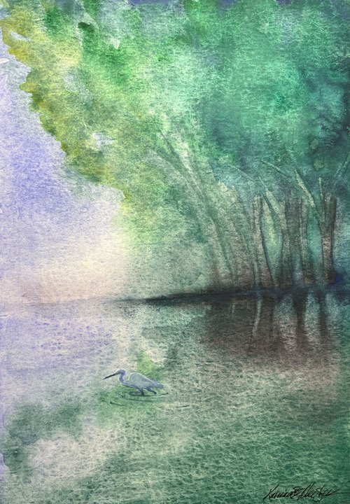 watercolor painting of watery landscape of egret and trees in green and lavender