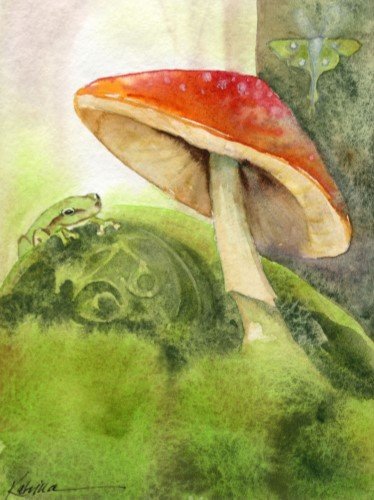 watercolor painting of red capped mushroom and frog on mossy rock