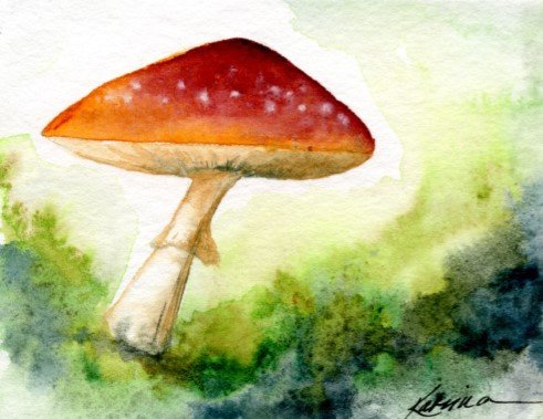 watercolor of Red Cap mushroom on mossy ground