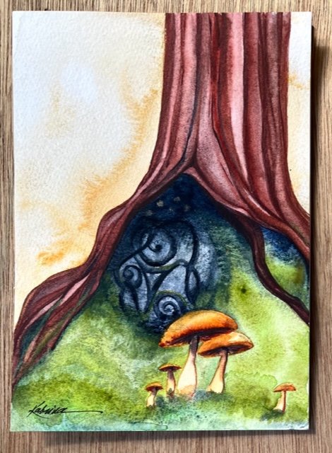 watercolor of moss, mushrooms and Celtic Stone tucked in the roots of a tree
