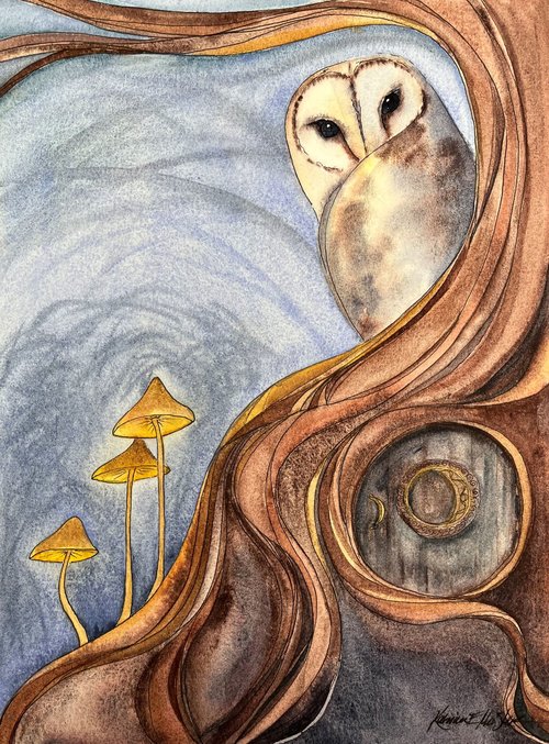watercolor painting of barn owl on a twisty tree with 3 mushrooms and more