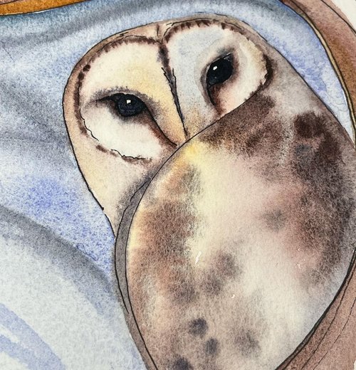 detail of watercolor of barn owl
