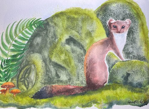 watercolor painting of Stoat in front of mossy stones with Celtic carving
