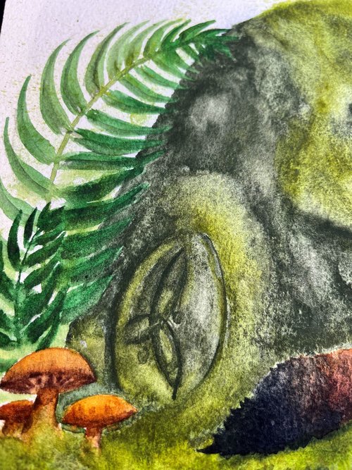 detail of mushrooms and mossy stones with Celtic carving watercolor painting