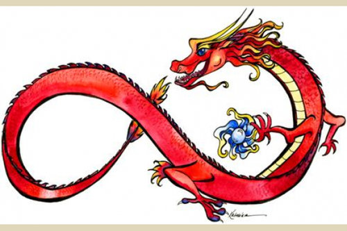 Red watercolor and ink Chinese  dragon in infinity shape on white back ground