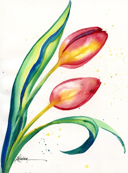 water color of red and yellow tulips with arching green leaves