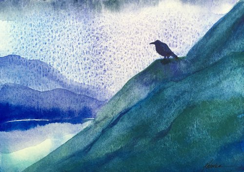 watercolor landscape of rich green and blue hills with raven
