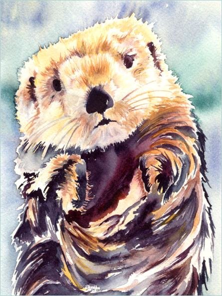 watercolor painting of sea otter with blue/green background