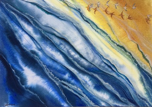 watercolor painting layers of blues and white waves and small flock of birds