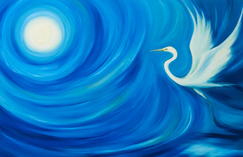 oil painting of long necked white bird and moon against a backdrop of blue