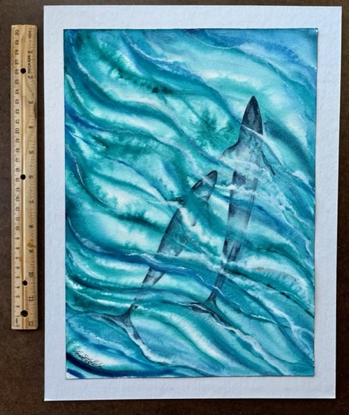 watercolor painting of waves and shore from above with 2 Fin whales with ruler