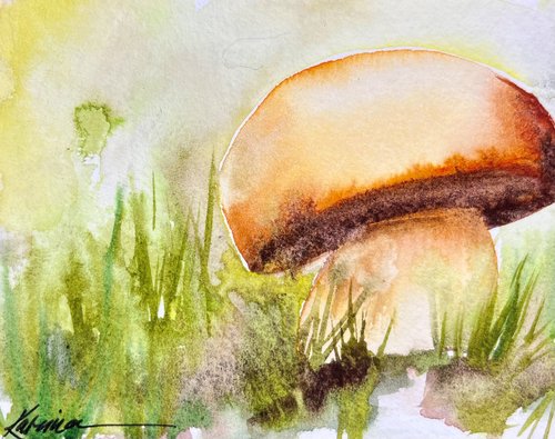 watercolor painting of cream and brown mushroom with grass and moss