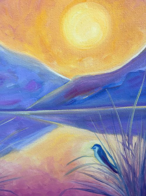 detail of oil painting - perched bird with colorful sunset mountains and water