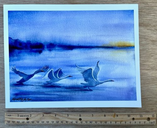 Size reference of art depicting 3 swans in a misty lavender landscape